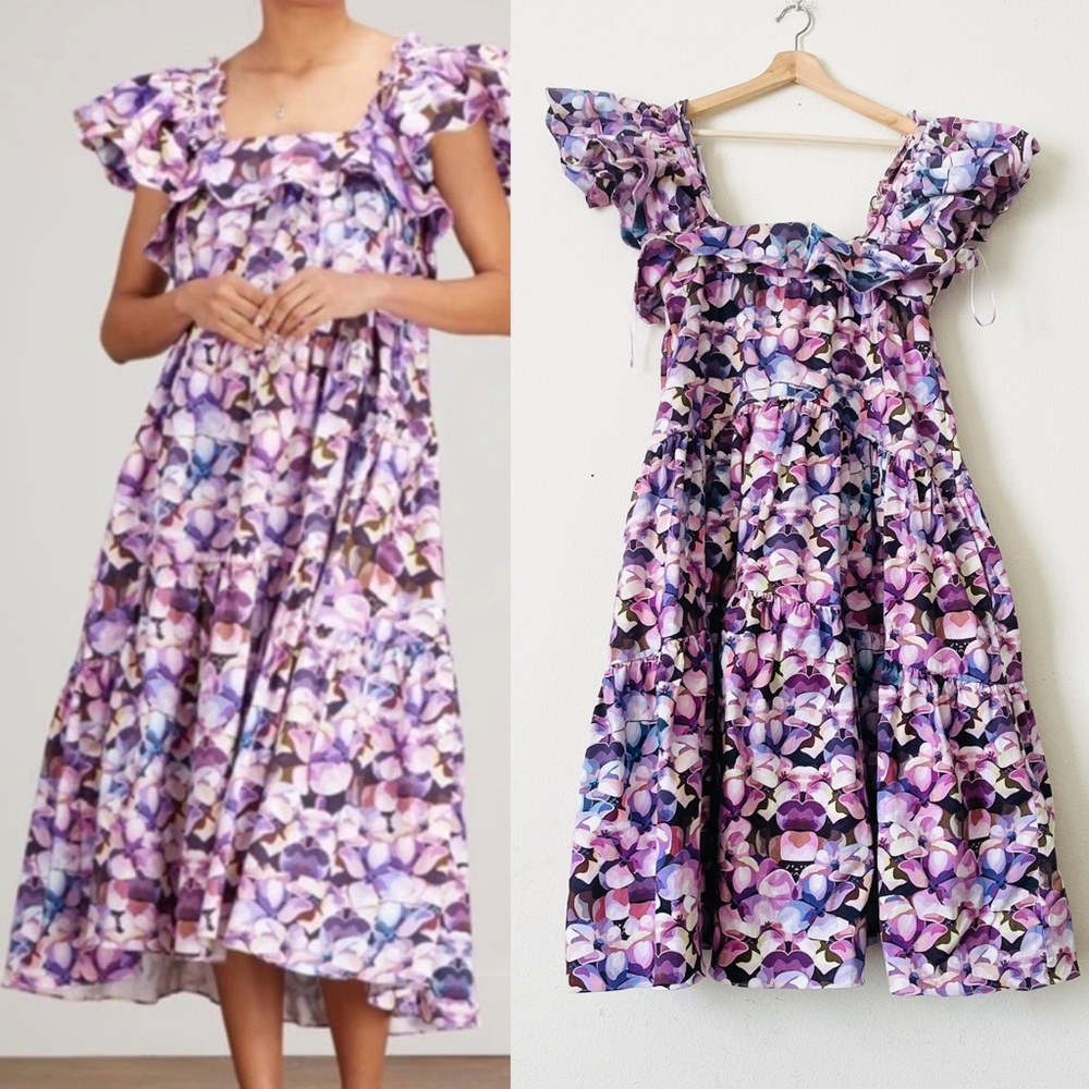 Kika Vargas SMALL Cecily flutter sleeve tiered midi dress in purple floral